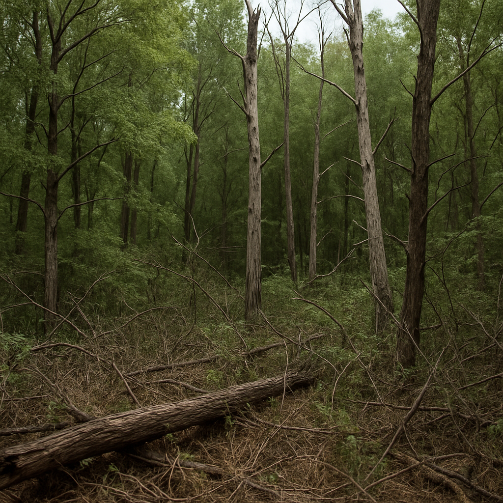 An overgrown wild forest with trees growing close together, dead standing trunks, fallen logs, and thick tangled brush covering the ground, creating a cluttered and unsafe appearance.